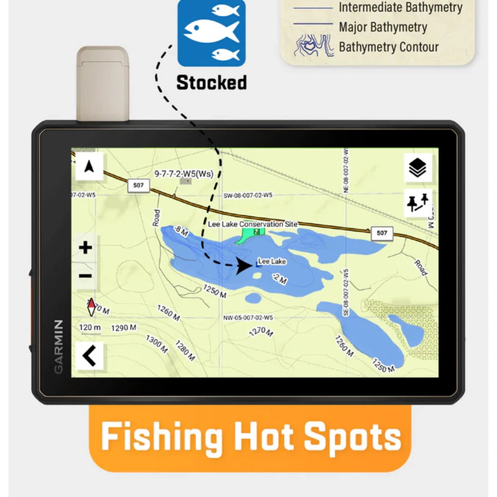 Backroad Maps Alberta GPS Maps fishing hot spots with stocked lakes, lake access and bathymetry contours for Garmin GPS navigation in Alberta.