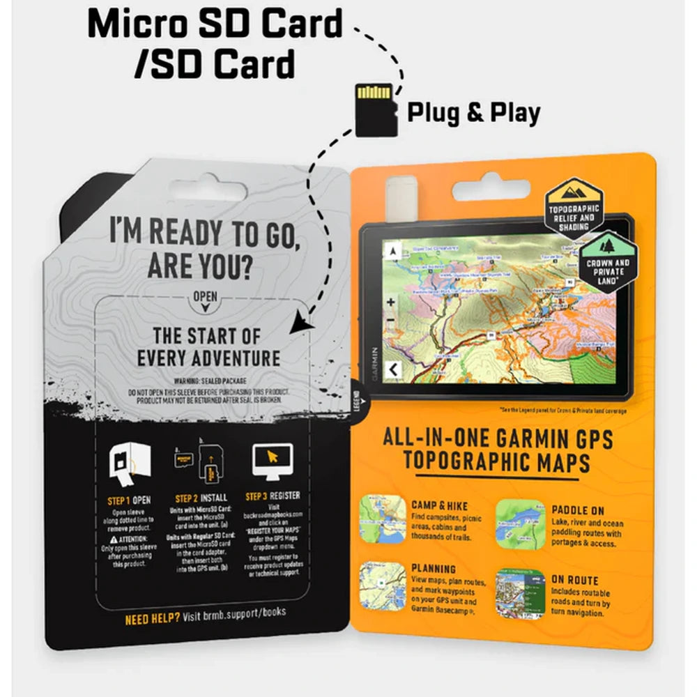 Backroad Maps Alberta GPS Maps plug and play microSD and SD card for Garmin GPS devices with detailed topographic maps, public land, trails and route planning.