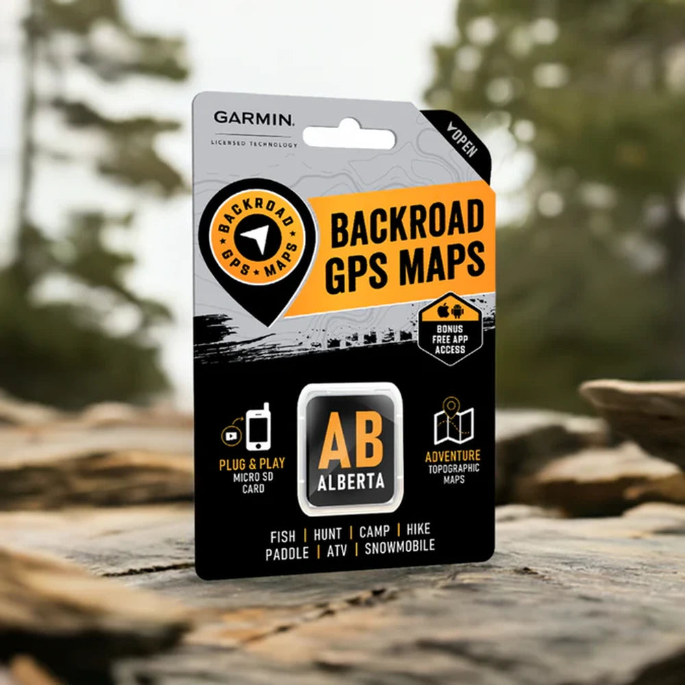 Backroad Maps Alberta GPS Maps Garmin microSD product package shown outdoors for Alberta backcountry travel, camping, hiking and off-road navigation.
