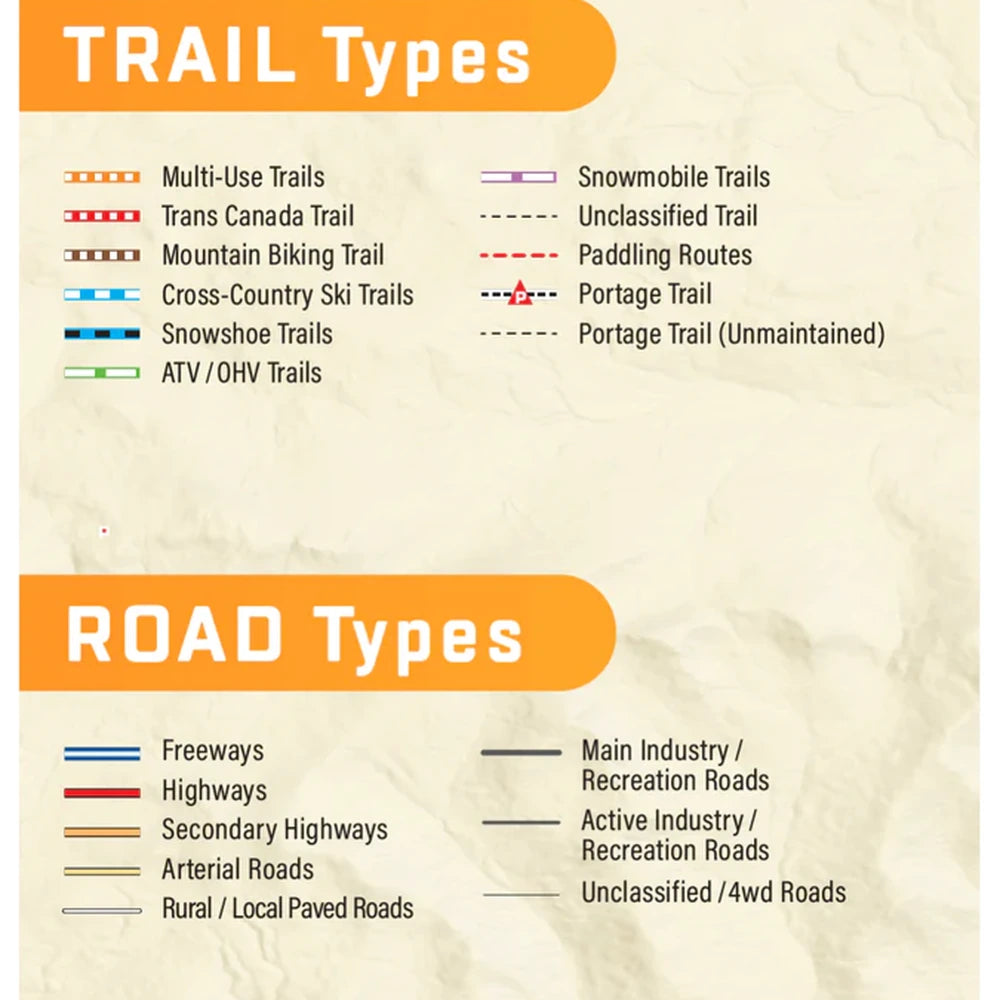 Backroad Maps Alberta GPS Maps trail and road types legend showing ATV trails, snowmobile trails, paddling routes, highways, rural roads and recreation roads.