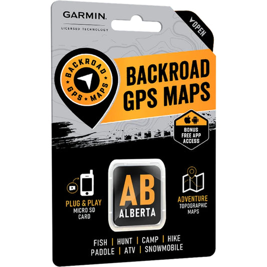 Backroad Maps Alberta GPS Maps Garmin microSD card front packaging for Alberta topographic GPS navigation, trails, crown land, hunting and fishing.