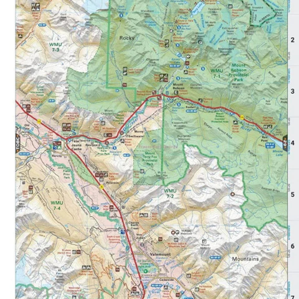 Banff National Park guide page from the Backroad Maps Canadian Rockies Backroad Mapbook 5th Edition featuring park overview, history, glaciers, and hiking information.
