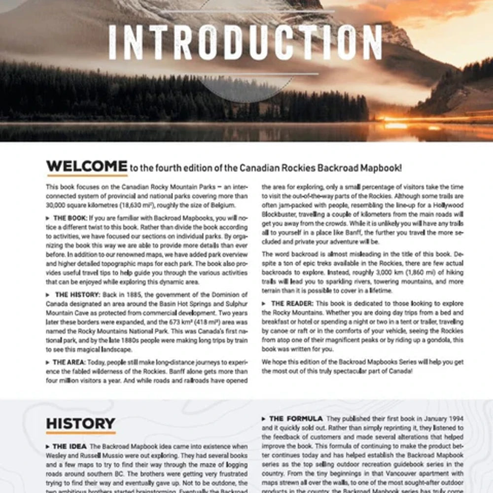 Map index page from the Backroad Maps Canadian Rockies Backroad Mapbook 5th Edition listing destinations, lakes, parks, towns, and map coordinates for easy navigation.