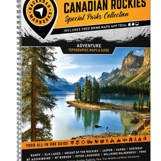 Backroad Maps Canadian Rockies Backroad Mapbook 5th Edition cover showing topographic maps and outdoor adventure guide for Banff, Jasper, Yoho, Kootenay, and the Canadian Rockies.