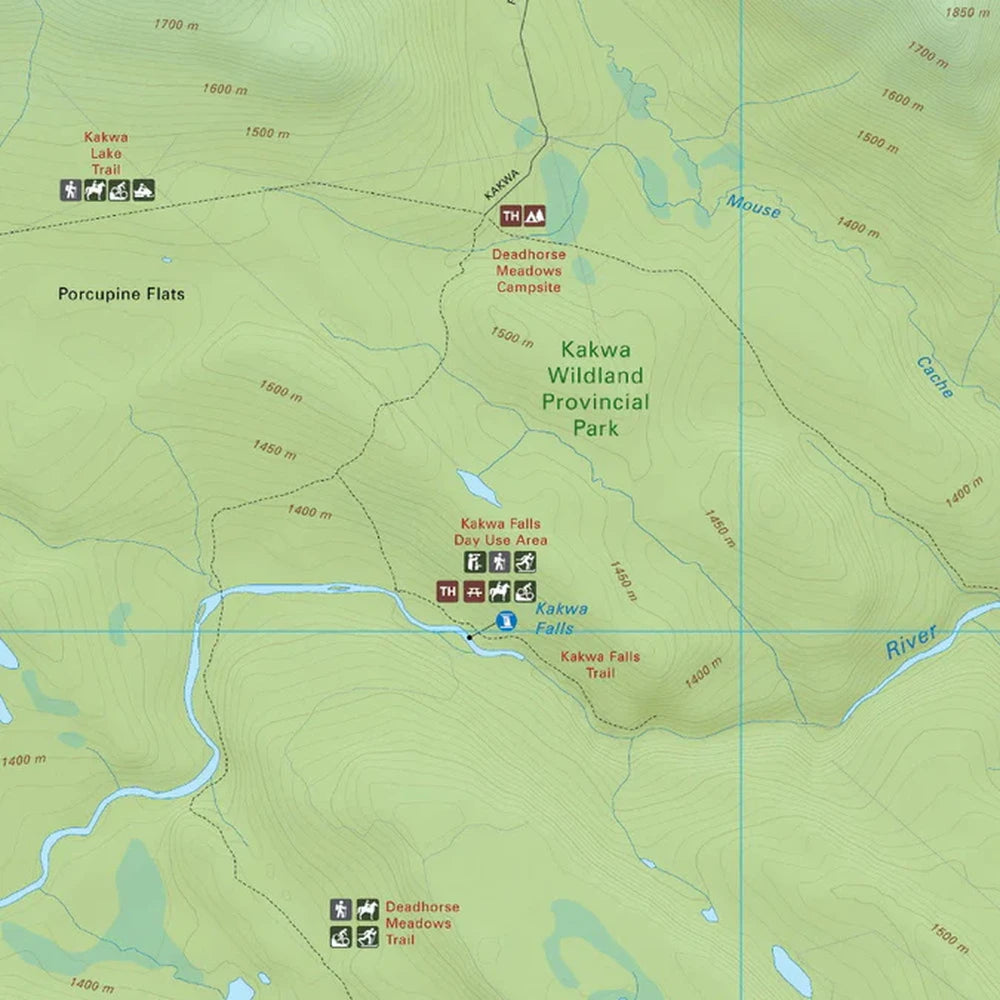 Backroad Maps Kakwa Falls Kakwa Wildland Provincial Park Alberta destination map detailed map section showing terrain, trails, waterfalls and backcountry access routes.