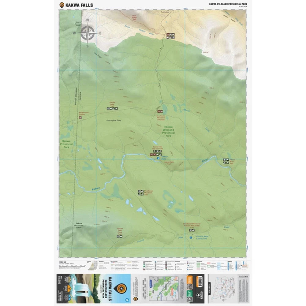 Backroad Maps Kakwa Falls Kakwa Wildland Provincial Park Alberta destination map full destination map showing terrain, trails, waterfalls and backcountry access routes.