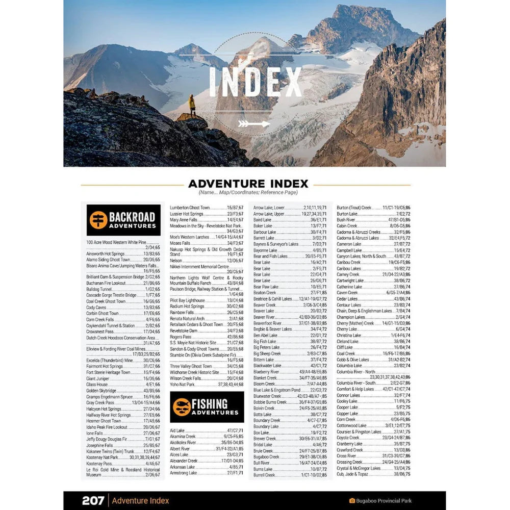 Backroad Maps Kootenay Rockies BC Backroad Mapbook adventure index page 207 listing outdoor destinations, fishing locations, and recreation references.