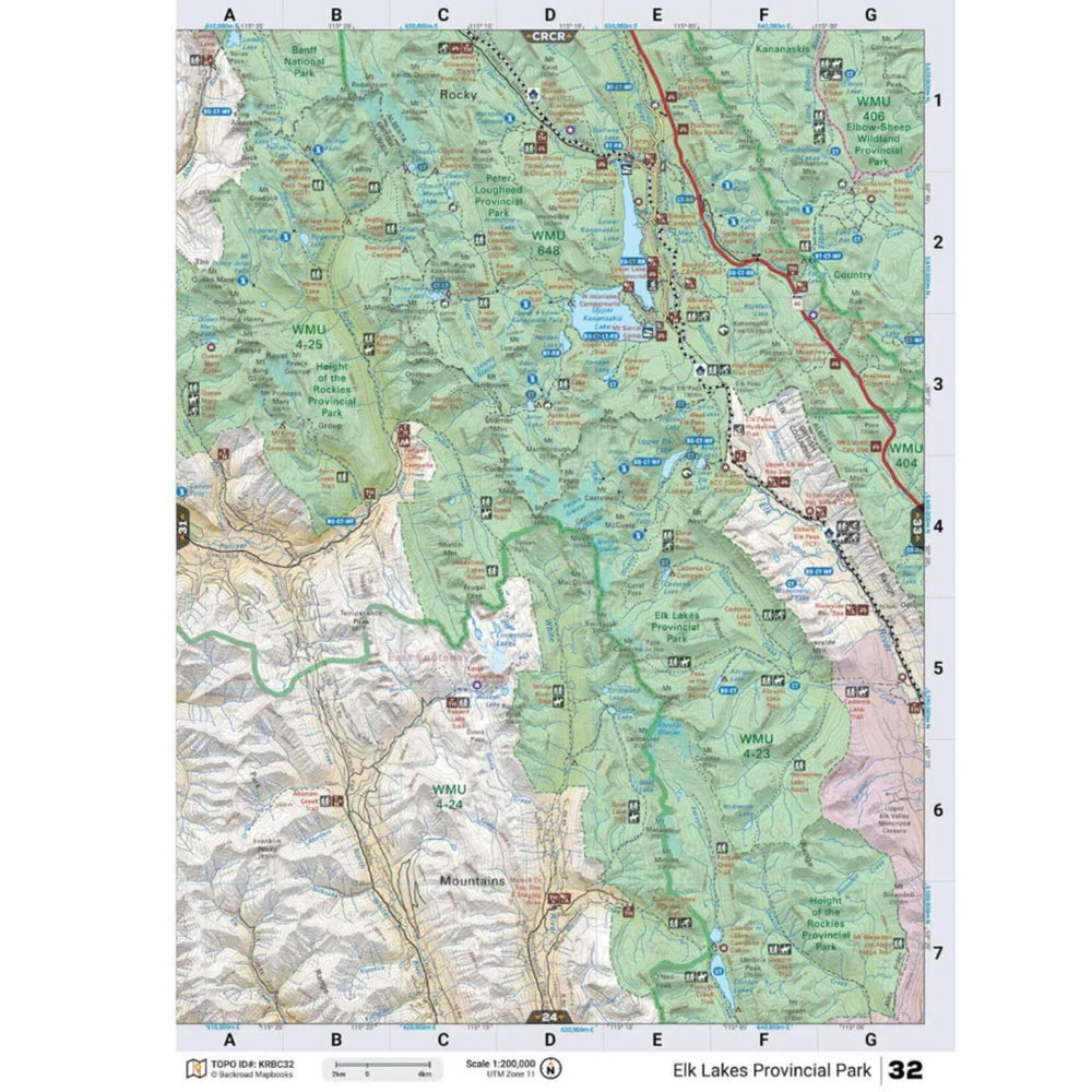 Backroad Maps Kootenay Rockies BC Backroad Mapbook Elk Lakes Provincial Park topographic map page 32 showing trails, roads, parks, and backcountry access.
