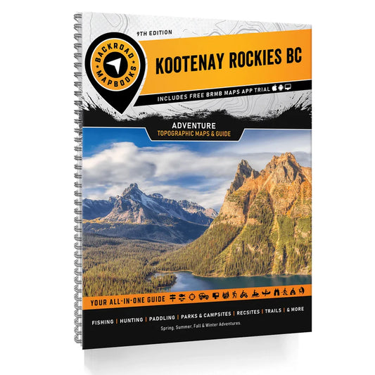Backroad Maps Kootenay Rockies BC Backroad Mapbook front cover showing mountain landscape and all-in-one outdoor recreation guide.