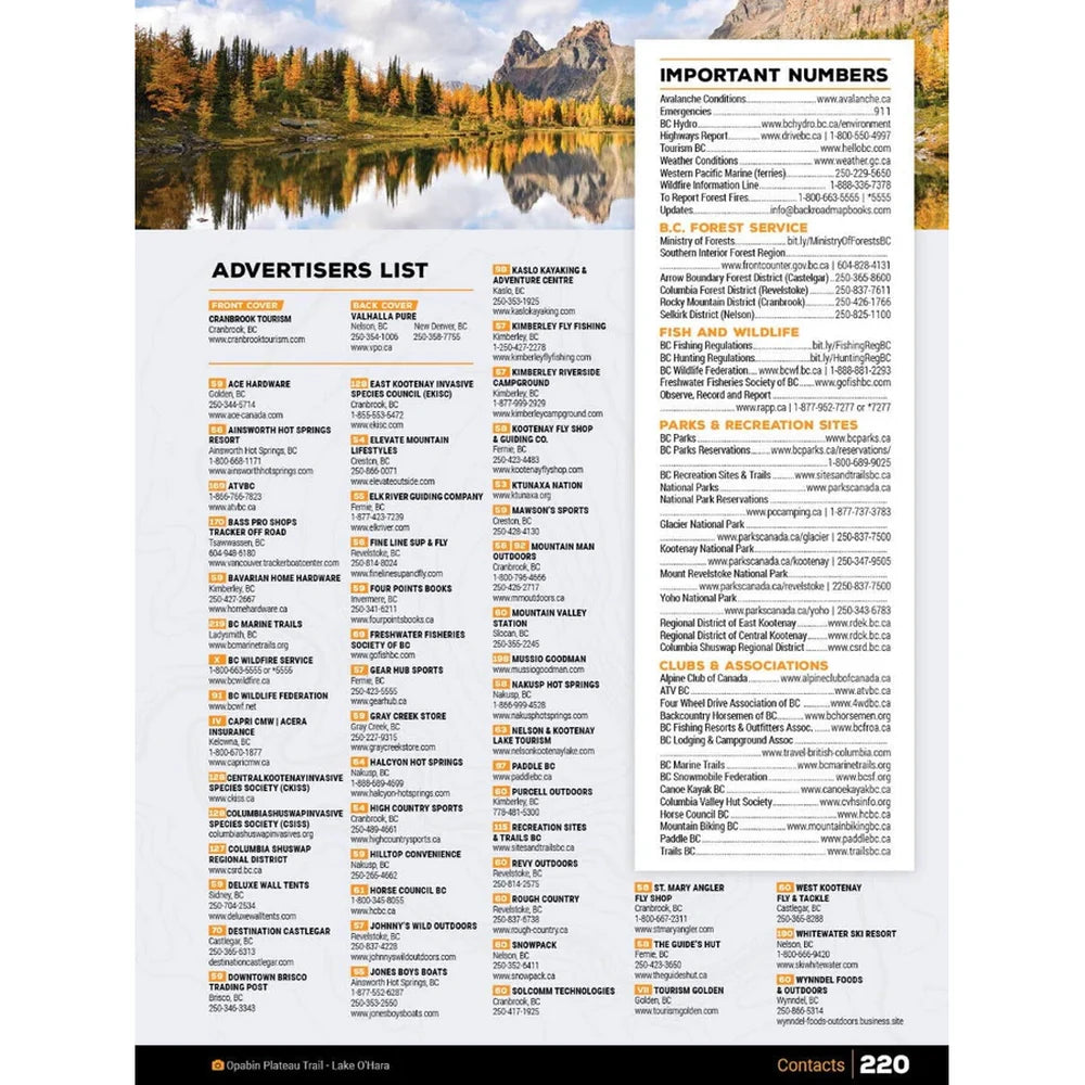 Backroad Maps Kootenay Rockies BC Backroad Mapbook page 220 showing important numbers, parks contacts, fish and wildlife resources, and advertisers list.