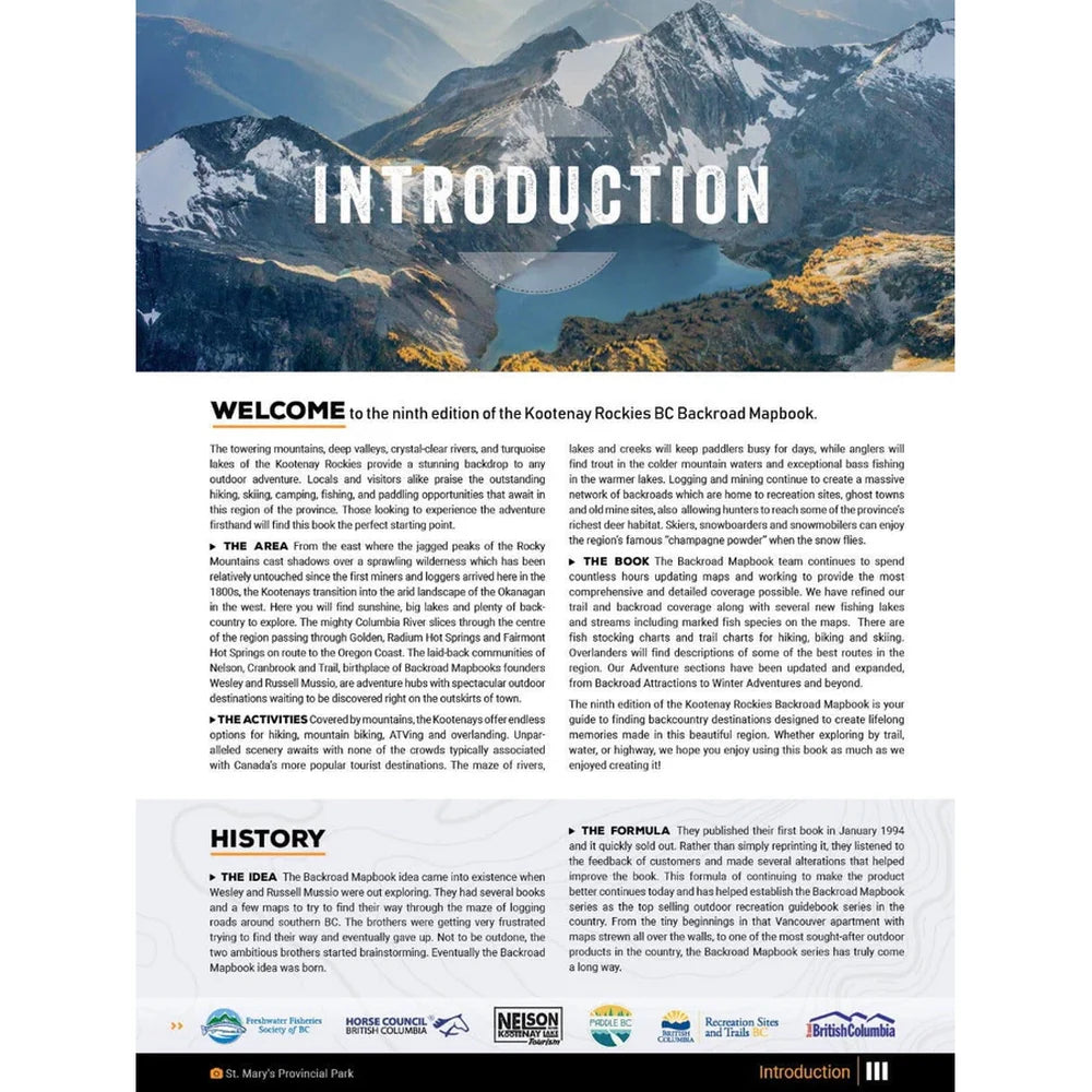 Backroad Maps Kootenay Rockies BC Backroad Mapbook introduction page describing the Kootenay Rockies region, history, and outdoor recreation opportunities.