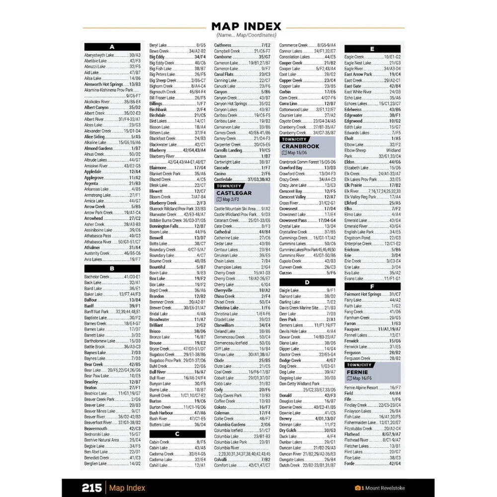 Backroad Maps Kootenay Rockies BC Backroad Mapbook map index page 215 listing lakes, towns, parks, and named locations for quick reference.
