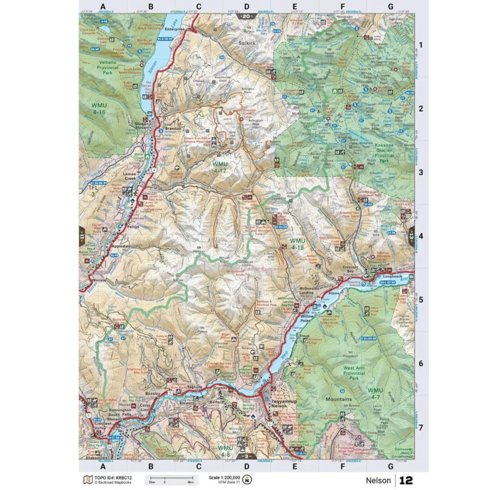 Backroad Maps Kootenay Rockies BC Backroad Mapbook Nelson BC topographic map page 12 showing roads, trails, parks, and recreation access points.