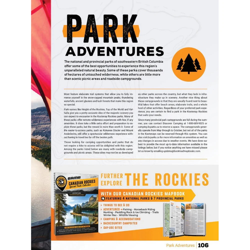 Backroad Maps Kootenay Rockies BC Backroad Mapbook Park Adventures page 106 highlighting national and provincial parks in southeastern British Columbia.