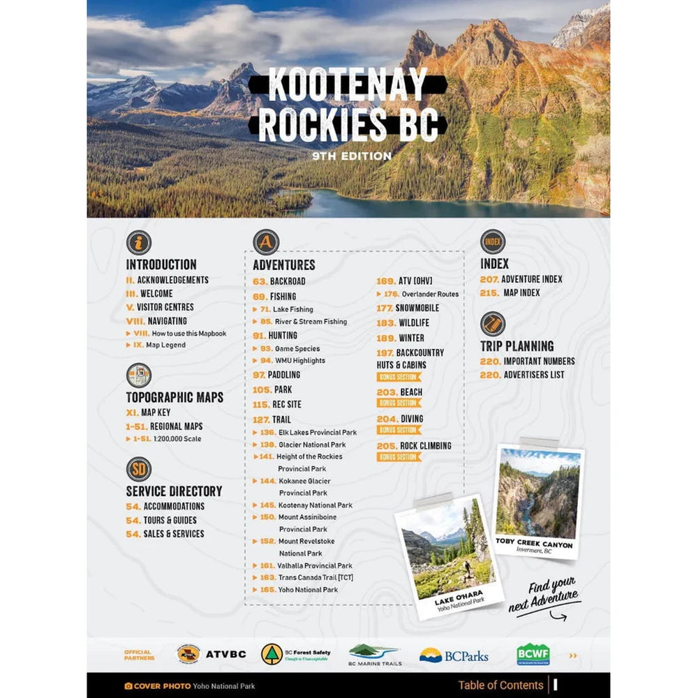 Backroad Maps Kootenay Rockies BC Backroad Mapbook table of contents showing adventures, topographic maps, service directory, trip planning, and indexes.