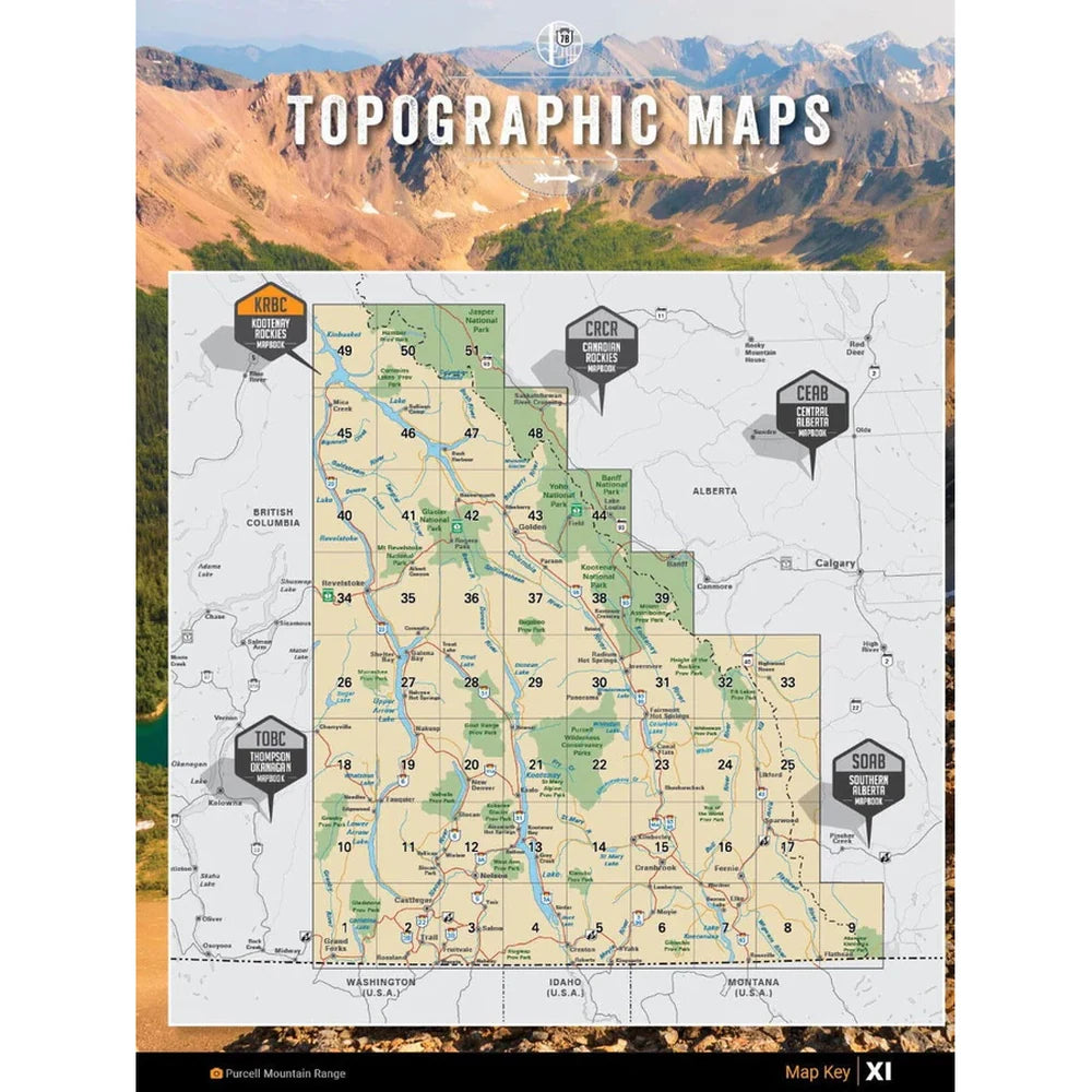 Backroad Maps Kootenay Rockies BC Backroad Mapbook topographic maps key overview showing regional map coverage across southeastern British Columbia.