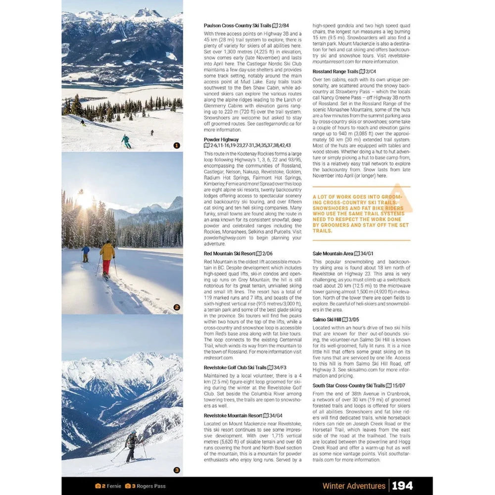 Backroad Maps Kootenay Rockies BC Backroad Mapbook Winter Adventures page 194 featuring cross-country ski trails and winter recreation destinations.