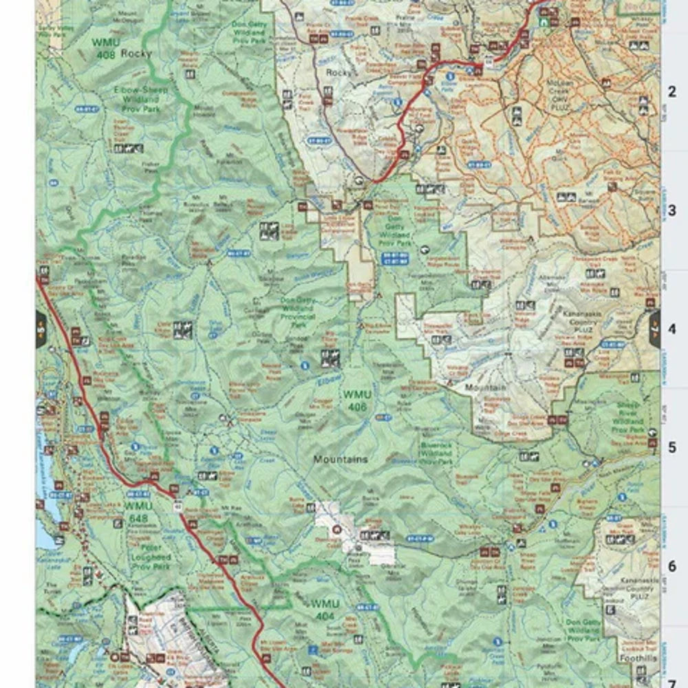 Mount Assiniboine adventures page from the Backroad Maps Canadian Rockies Backroad Mapbook 5th Edition with camping, cabins, fishing, and hiking information for the park.