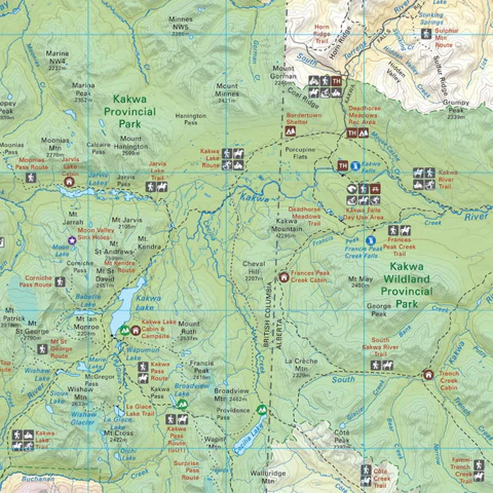 Backroad Maps NOBC30 Kakwa Provincial Park topo map detailed topographic map section showing detailed terrain, trails, and recreation information in BC and Alberta.