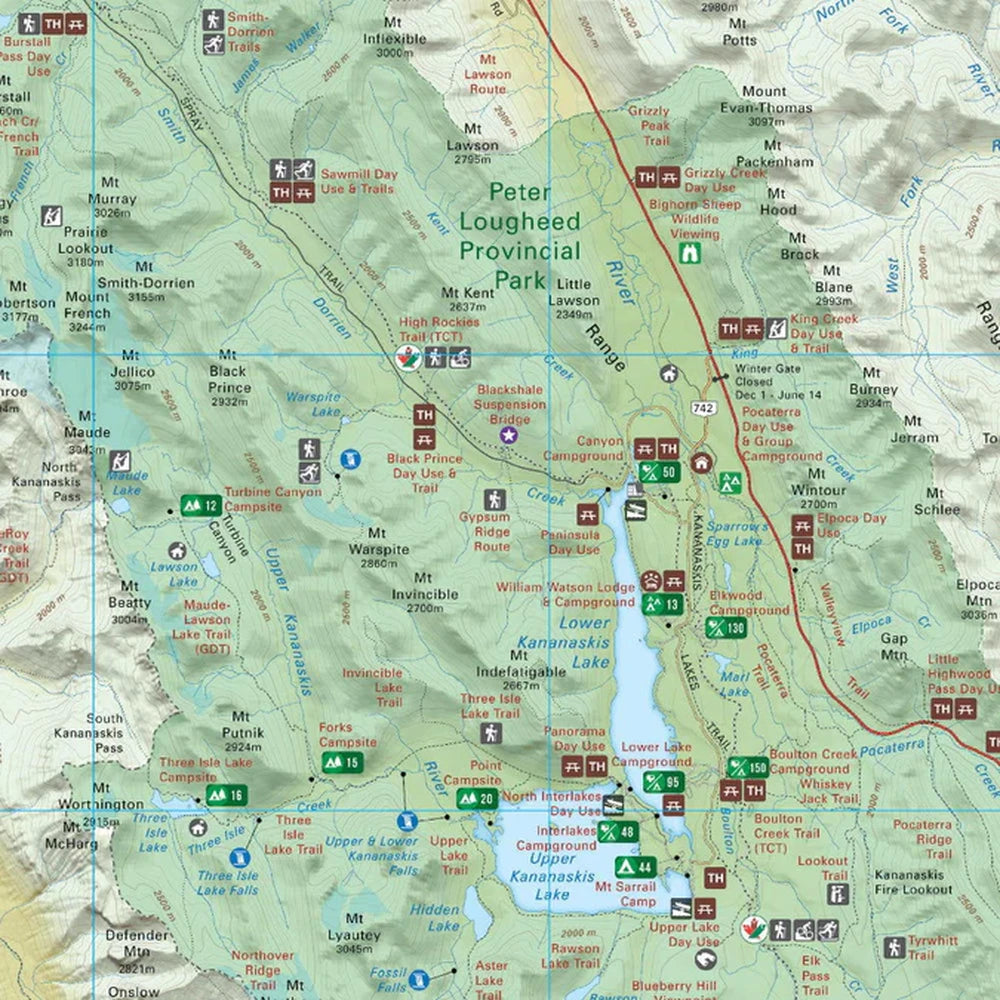 Backroad Maps Peter Lougheed Provincial Park Alberta park map detailed map section showing trails, lakes, terrain and recreation areas in Kananaskis Country.