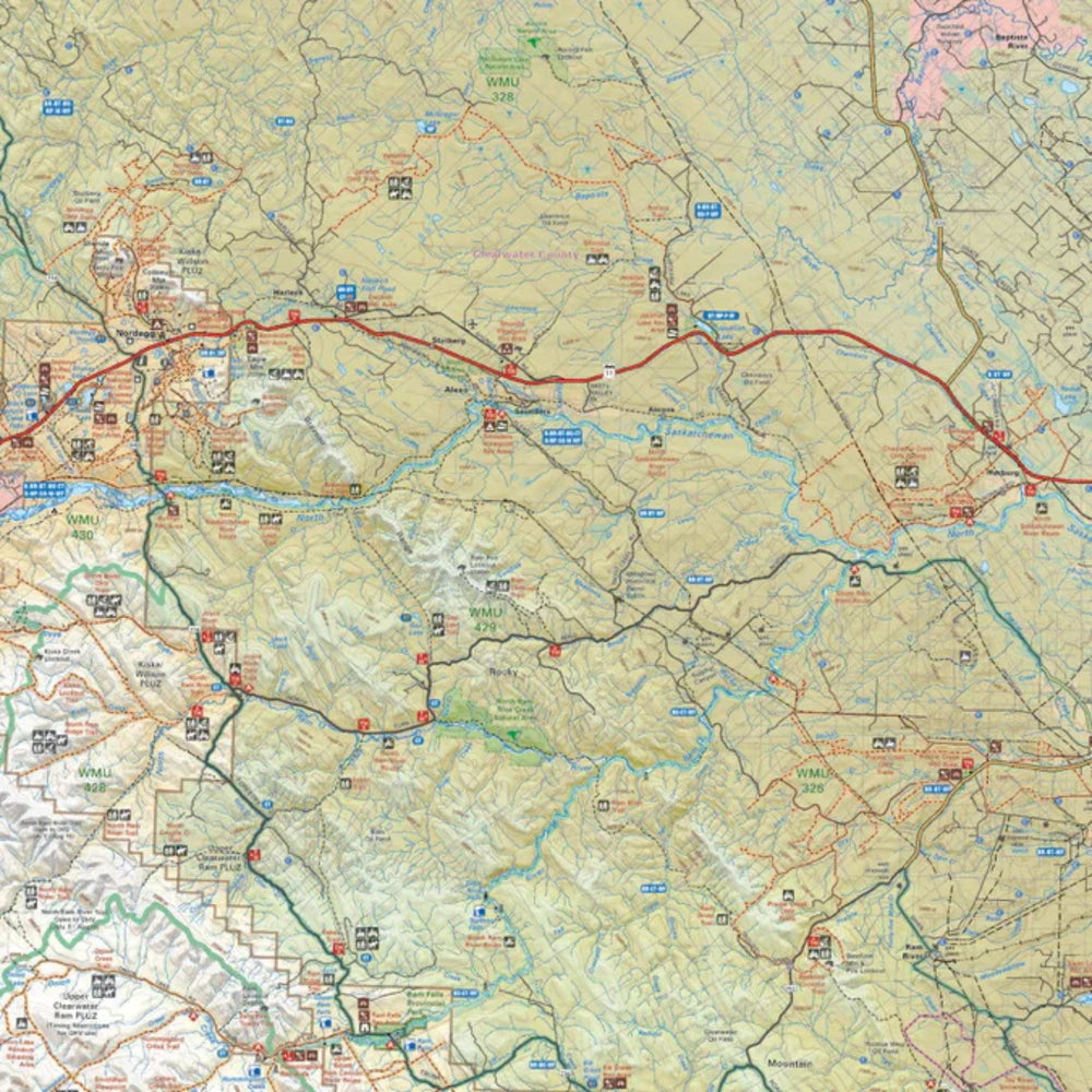 Backroad Maps Red Deer to Nordegg Alberta destination map detailed map section showing highways, terrain, recreation areas and travel routes.