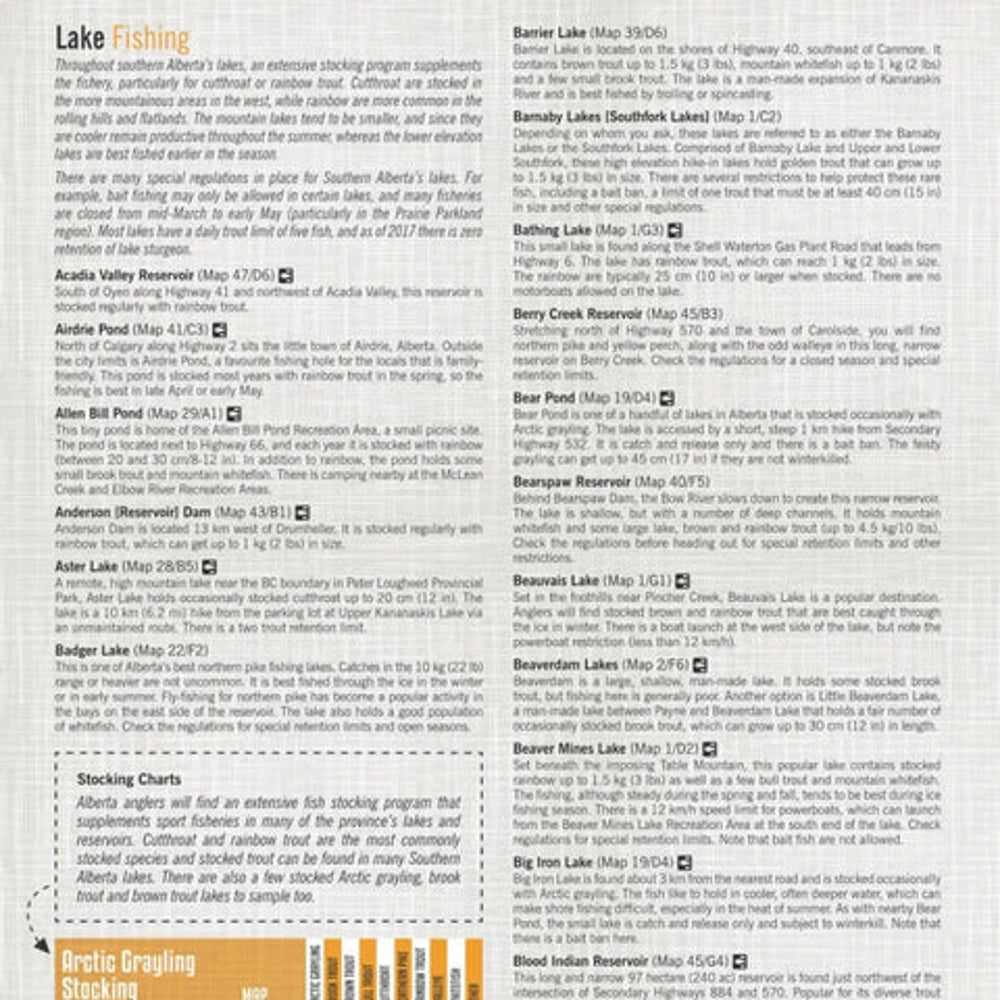Southern Alberta fishing guide page with lake fishing locations, stocking info and angling opportunities.