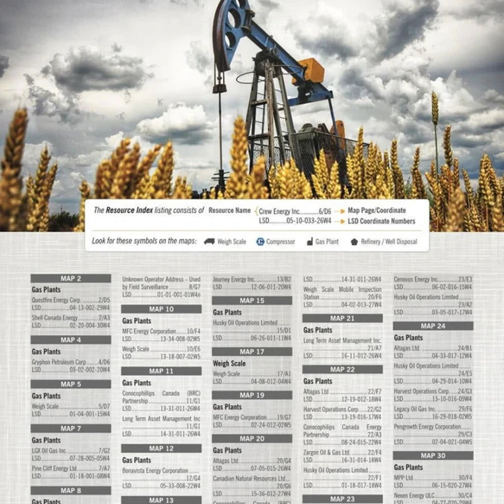 Southern Alberta resource index showing oil and gas sites, access roads and map references for backcountry navigation.
