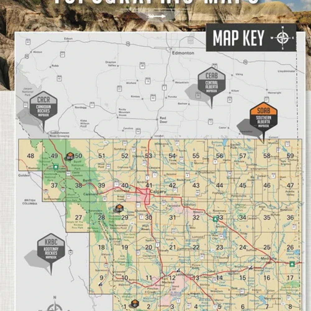 Southern Alberta topographic map key from Backroad Maps mapbook showing navigation symbols, off-road routes and crown land access.