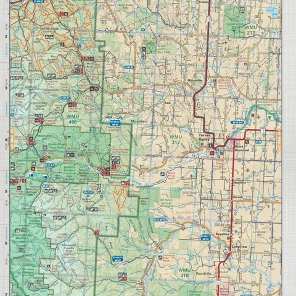 Turner Valley Alberta topographic map from Backroad Maps showing off-road trails, roads, and outdoor recreation areas.