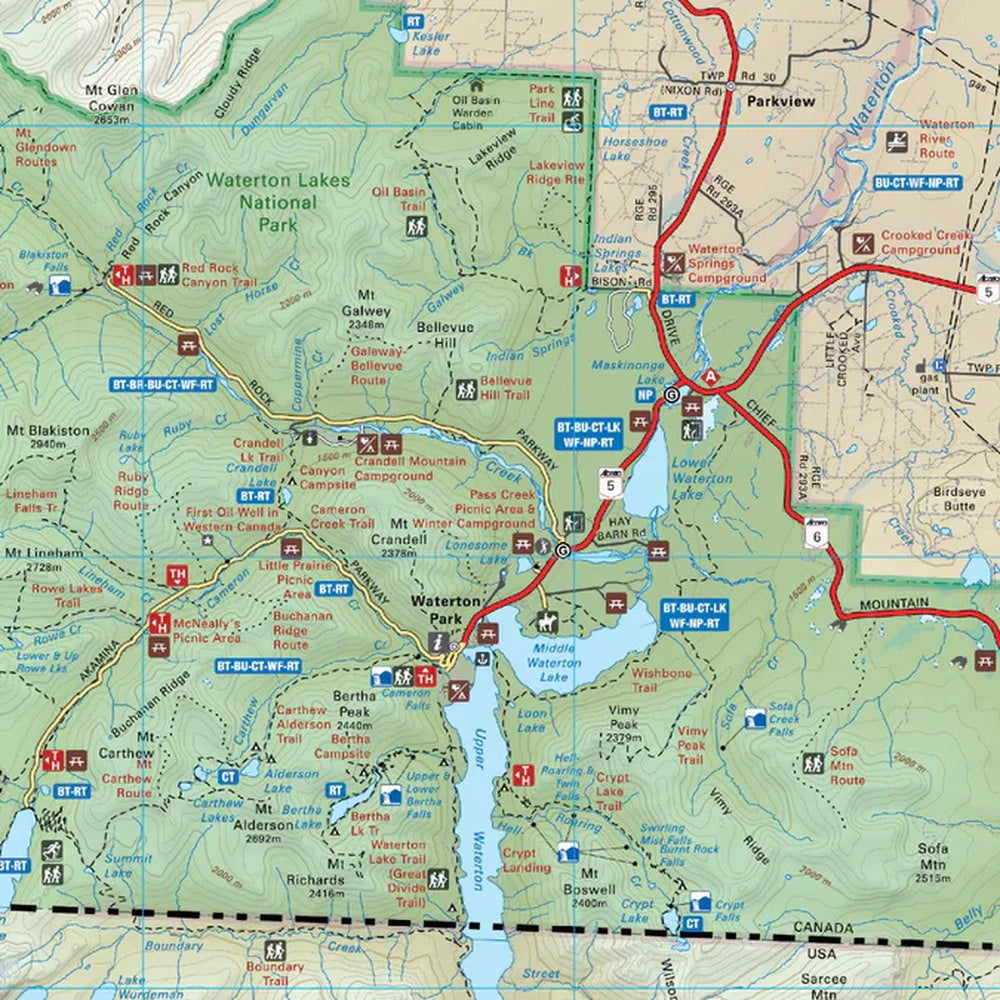 Backroad Maps Waterton Lakes National Park Alberta park map detailed map section showing trails, lakes, terrain and recreation areas in southern Alberta.