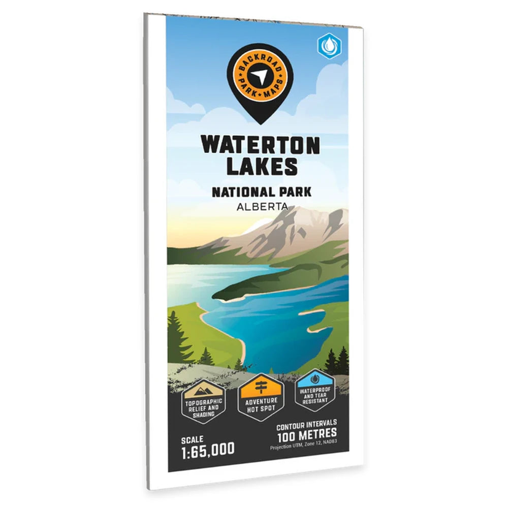Backroad Maps Waterton Lakes National Park Alberta park map front cover showing trails, lakes, terrain and recreation areas in southern Alberta.
