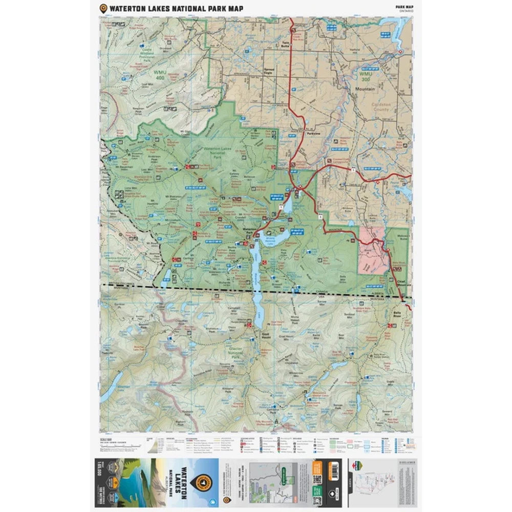 Backroad Maps Waterton Lakes National Park Alberta park map full park map showing trails, lakes, terrain and recreation areas in southern Alberta.