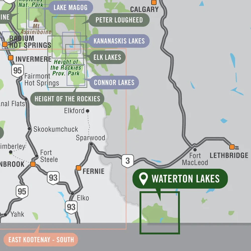 Backroad Maps Waterton Lakes National Park Alberta park map regional overview map showing trails, lakes, terrain and recreation areas in southern Alberta.