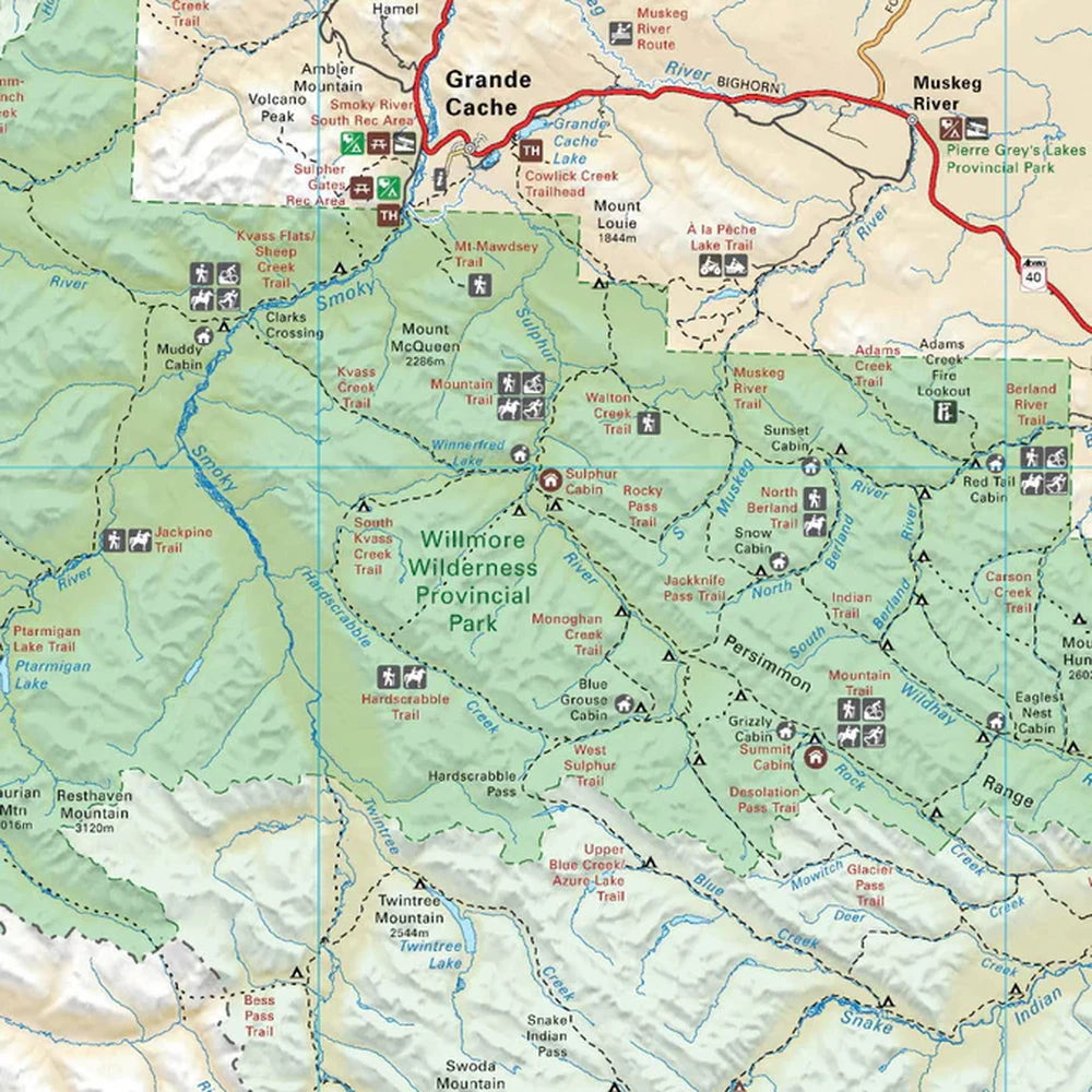 Backroad Maps Willmore Wilderness Provincial Park Alberta park map detailed map section showing backcountry trails, terrain, rivers and wilderness recreation areas.