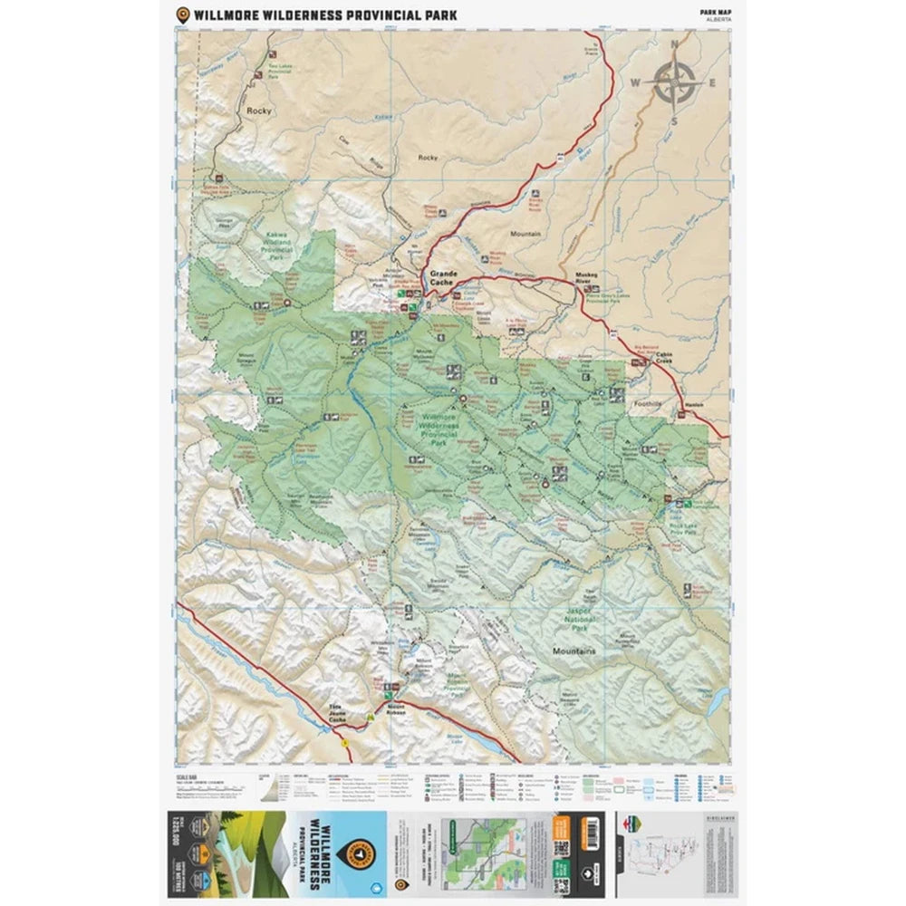 Backroad Maps Willmore Wilderness Provincial Park Alberta park map full park map showing backcountry trails, terrain, rivers and wilderness recreation areas.