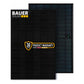 Bauer Solar SUPERBLACK TOPCon Bifacial 470W solar panel front and back composite product shot showing all-black monocrystalline TOPCon cell panel with black frame in foreground displaying Bauer Solar Germany branding, alongside rear panel view showing back sheet with junction box and MC4 cable connectors, with 30-year product warranty badge overlay
