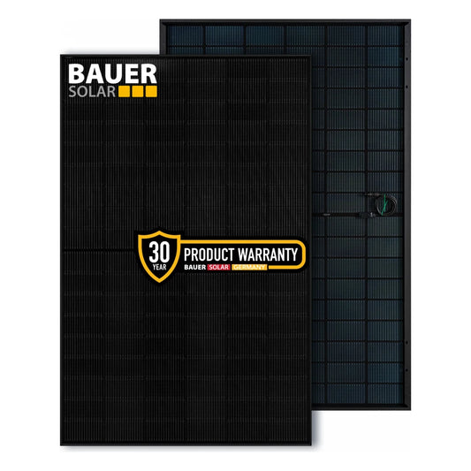 Bauer Solar SUPERBLACK TOPCon Bifacial 470W solar panel front and back composite product shot showing all-black monocrystalline TOPCon cell panel with black frame in foreground displaying Bauer Solar Germany branding, alongside rear panel view showing back sheet with junction box and MC4 cable connectors, with 30-year product warranty badge overlay