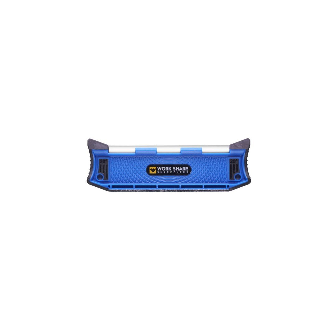 Benchmade 20 degree guided hone tool front view with blue grip and ceramic rods
