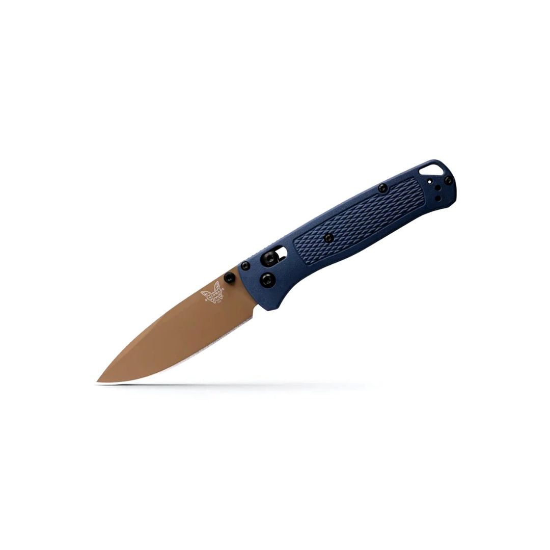 Benchmade 535FE-05 Bugout folding knife open angled view showing blade and handle.