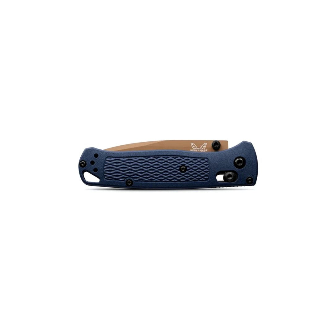 Benchmade 535FE-05 Bugout folding knife closed view with blue handle.