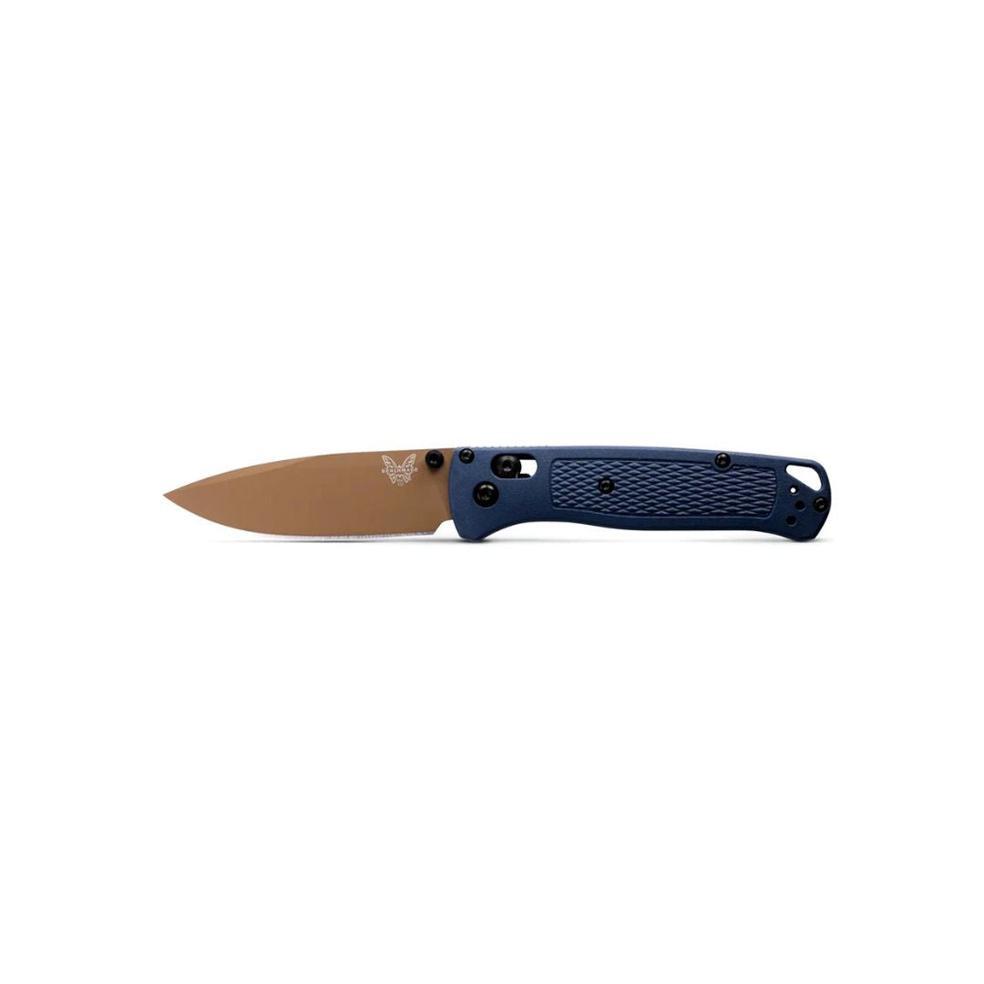 Benchmade 535FE-05 Bugout folding knife open left profile with blue handle and tan blade.