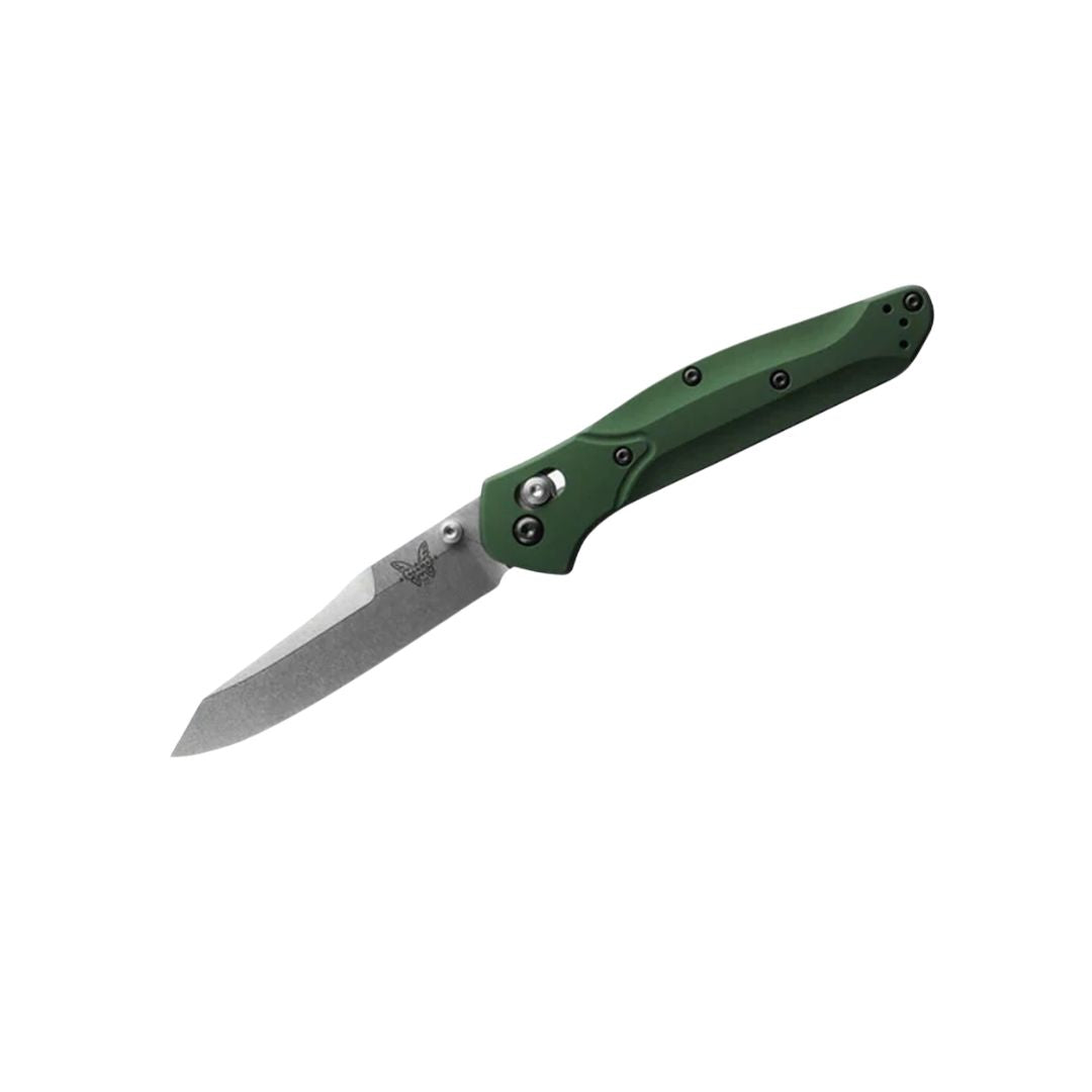 Benchmade 940 Osborne folding knife open at an angle showing blade and handle.