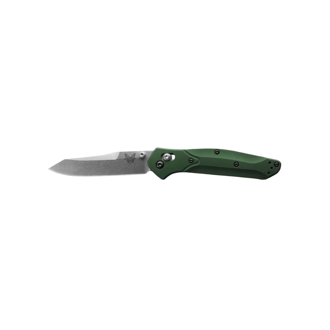 Benchmade 940 Osborne folding knife open left side profile with green handle.