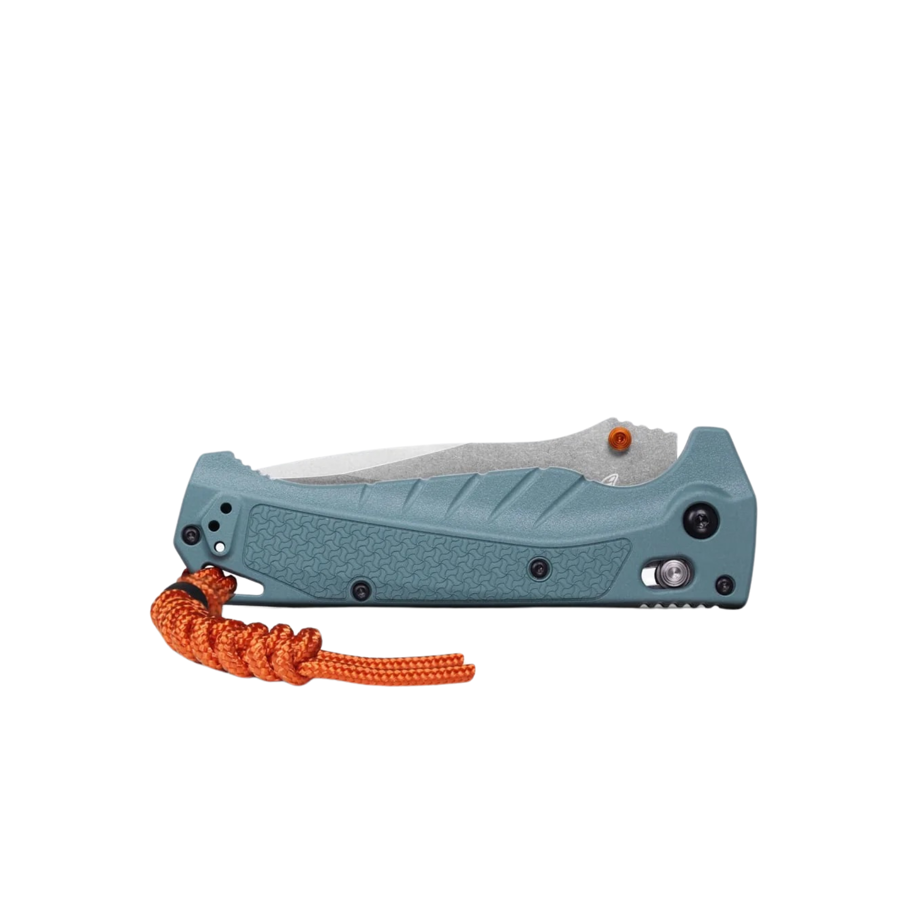 Benchmade Adira full-sized drop point knife closed showing depth blue handle and orange lanyard