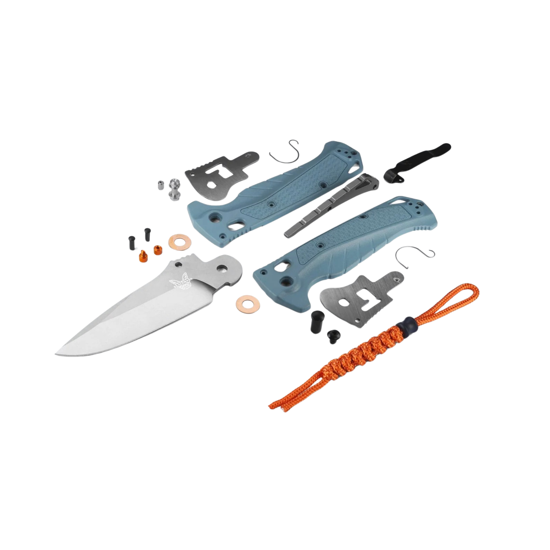 Benchmade Adira full-sized knife disassembled view showing blade components and depth blue handle scales