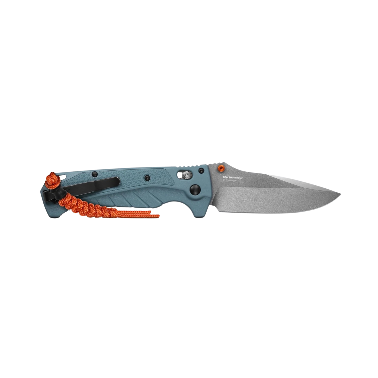 Benchmade Adira full-sized drop point knife open side profile showing CPM MagnaCut blade and blue handle