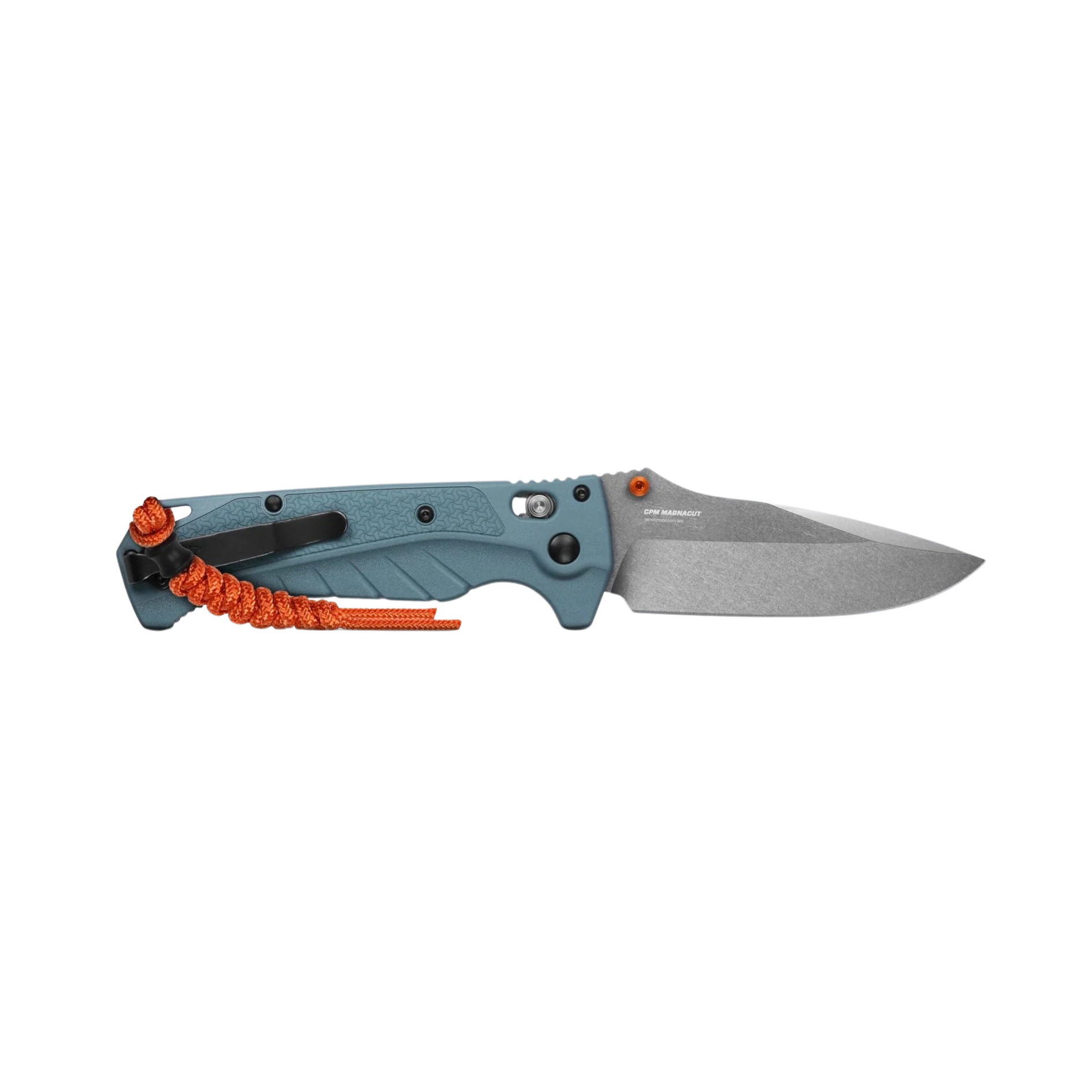 Benchmade Adira full-sized drop point knife open side profile showing CPM MagnaCut blade and blue handle