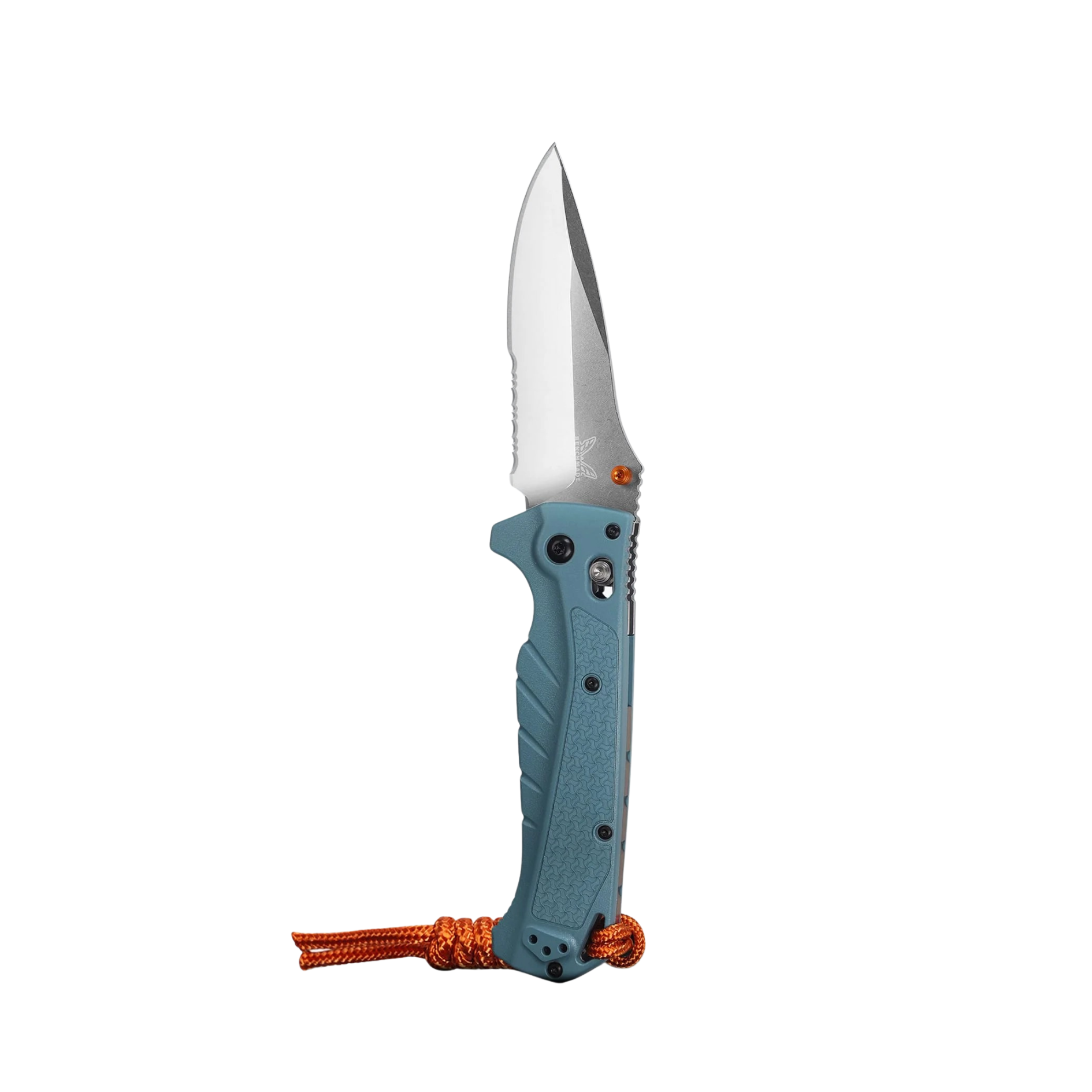 Benchmade Adira full-sized drop point knife open with depth blue handle and orange lanyard vertical view
