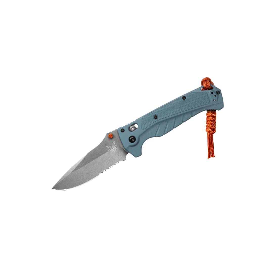 Benchmade Adira drop point knife open with depth blue handle and orange lanyard.
