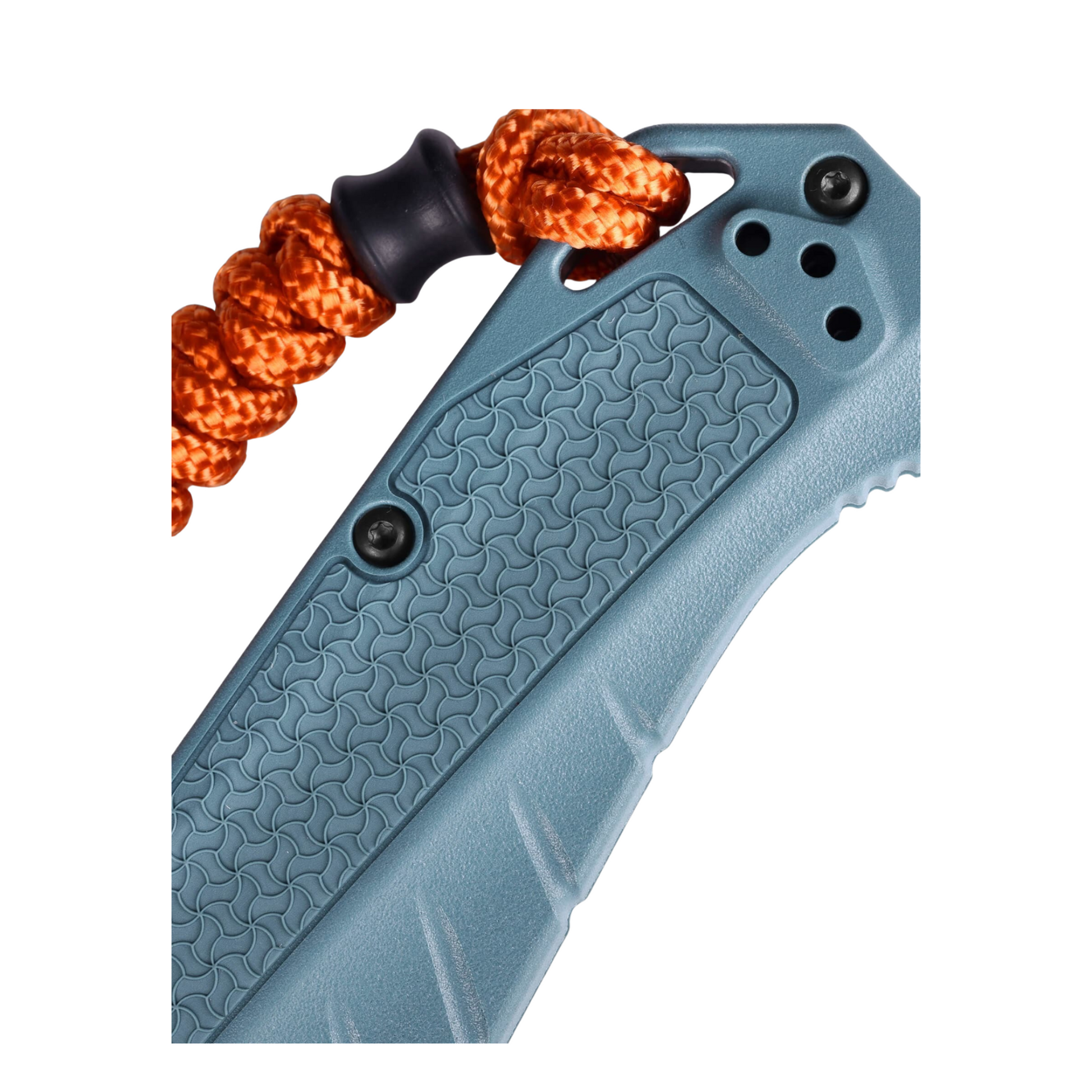 Close-up of Benchmade Adira depth blue handle texture with orange paracord lanyard detail